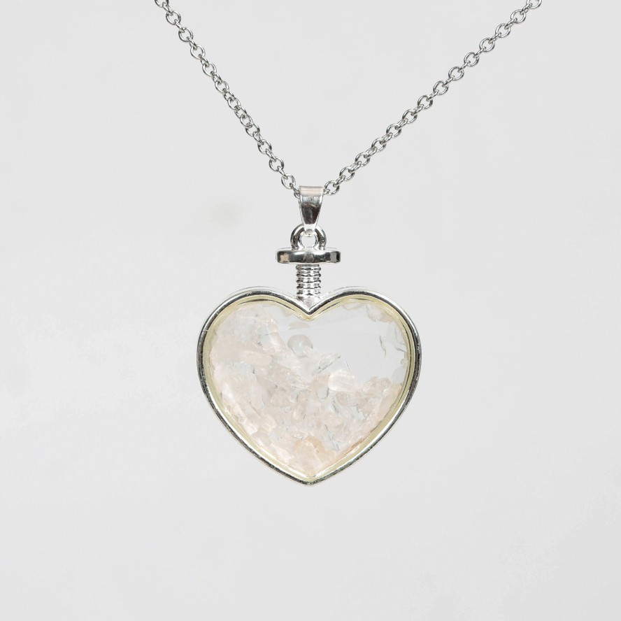 Crystal Chips In Heart Glass Pendant Necklace